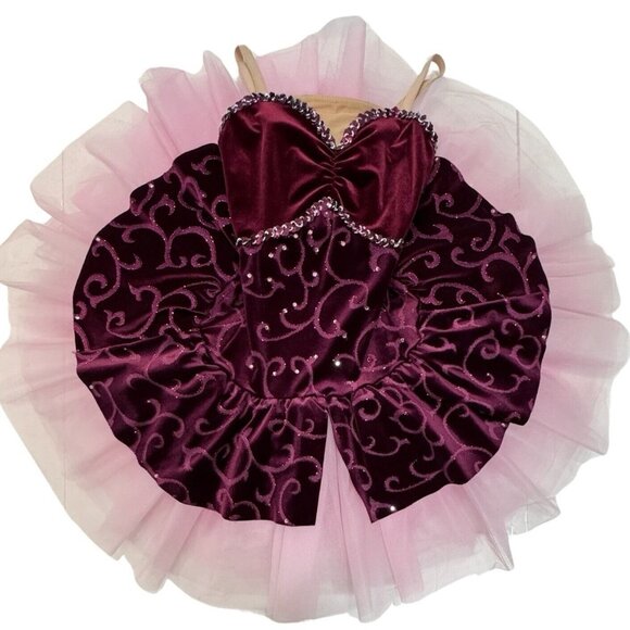 Ballet Dance Dress Costume‎ Girls 6/8 Yrs Burgundy Velvet Rhinestone Swirls Tutu - Picture 12 of 14